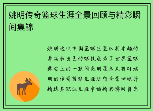 姚明传奇篮球生涯全景回顾与精彩瞬间集锦